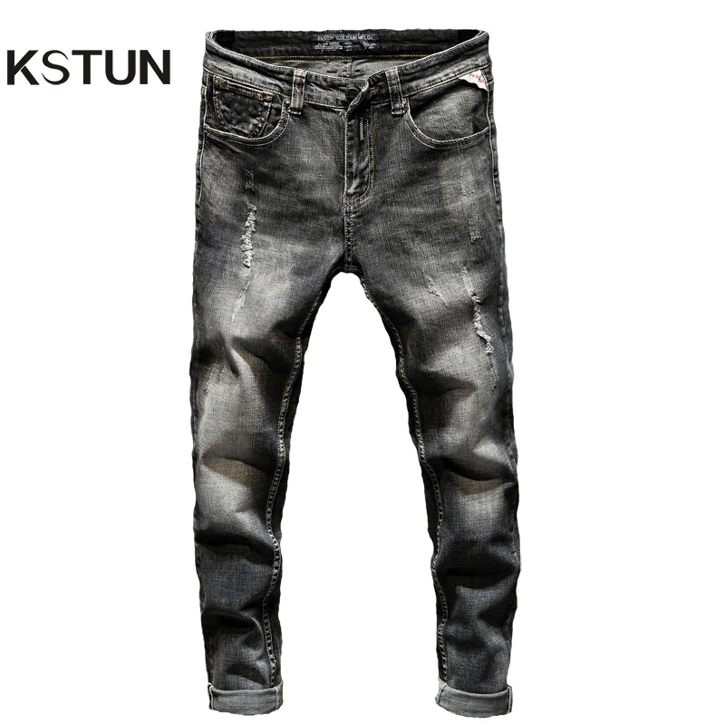 Pants Men Jeans Clothing Slim-Fit Gray Distressed Mens for Motorcycle Hip-Hop New