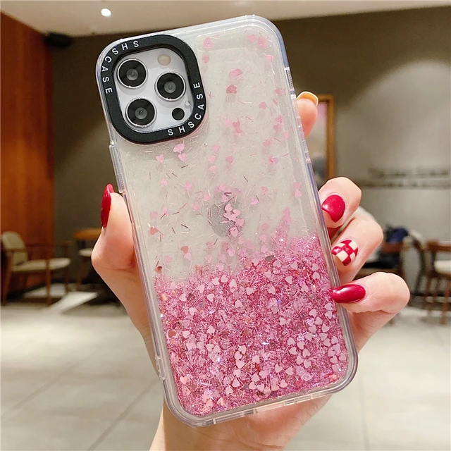 Kuteck for Apple iPhone 13 Pro 6.1 inch Tough Defender Sparkling Liquid Glitter Heart Case Cover Pink/Purple