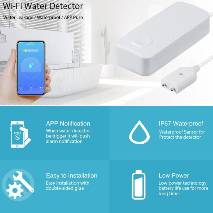 Умный Wifi датчик воды детектор утечки сигнализации IP67 Водонепроницаемый приложение Голосовое управление Hi 888