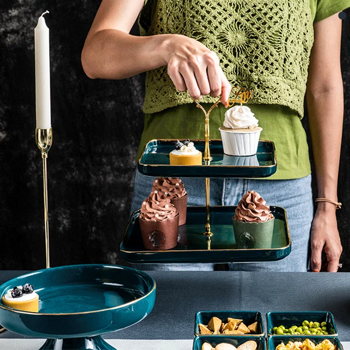 Скандинавский десерт Dim Sum стеллаж бытовой конфеты закуски двойная тарелка торт стенд трехслойная Фруктовая тарелка зеленая керамика торт тарелка