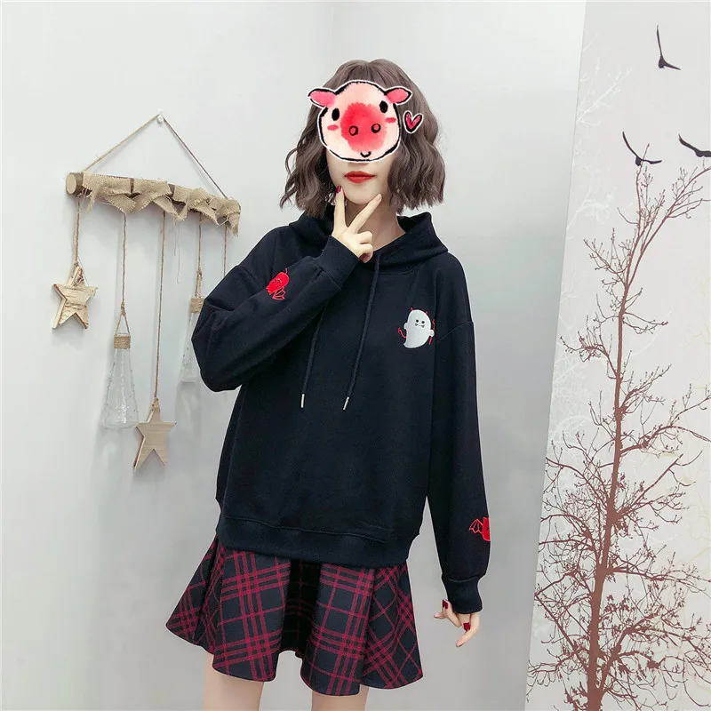 Merry Pretty women Cotton Hoodies Sweatshirts with ears Harajuku Black Devil Embroidery Hooded Swea