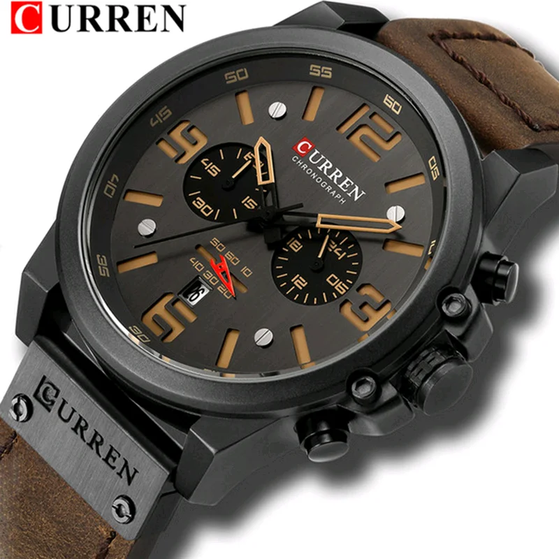 CURREN-reloj analógico con correa de cuero para hombre, accesorio de pulsera de cuarzo resistente al agua con calendario, complemento masculino deportivo de marca de lujo con diseño militar y estilo informal, 8314