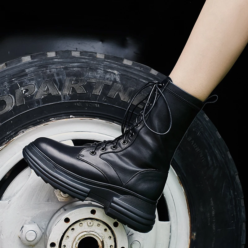 Women's genuine leather lace-up platform flats Motorcycle boots high quality autumn waarm plush mid-calf boots shoes for women