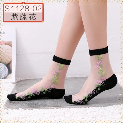 Hyrax trends Transparent sexy bud ladies silk Socks flower design Black transparent color Sexy fashion lace sock - Цвет: 1pack5pairs