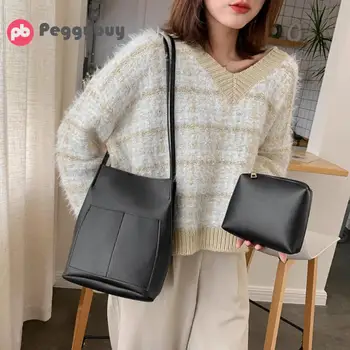 

Women Fashion 2pcs/set PU Leather Pure Color Wide Shoulder Bucket Bag Female Ladies Large Casual Handbag Clutch