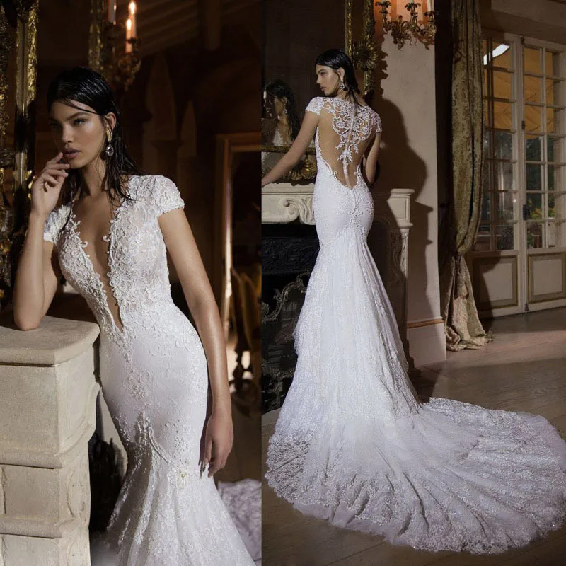 

Sexy Covered Back Wedding Dress Luxury Pearls Lace Wedding Gowns Mermaid 2016 short sleeves Vestido De Noiva Sereia WD019