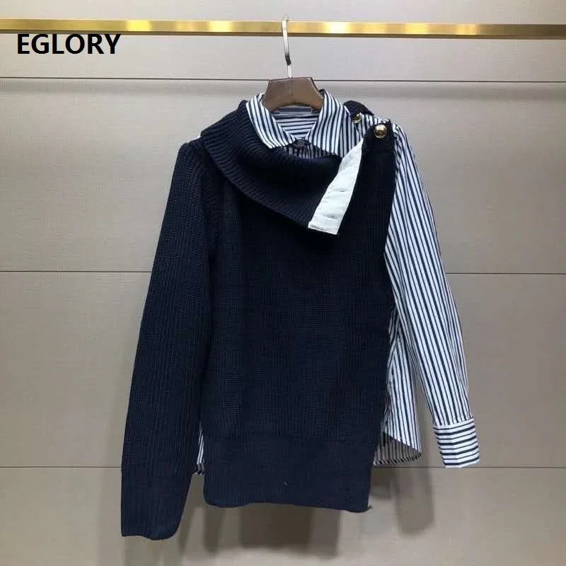 

New Autumn Winter Spring Fashion Pullover Sweaters Women Turn-down Collar Striped Print Patchwork Long Sleeve Casual Knitted Top