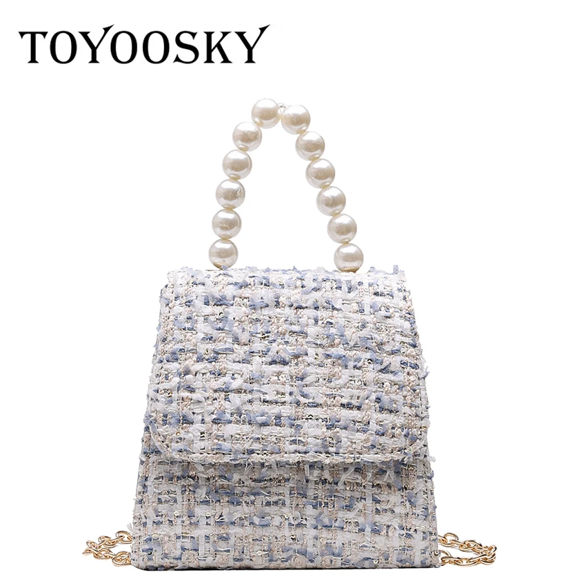 

TOYOOSKY Women Messenger Bags Female Top-Handle Shoulder Bags With Pearl Square Bag With Chain Strap Luxury Wool Small Handbags