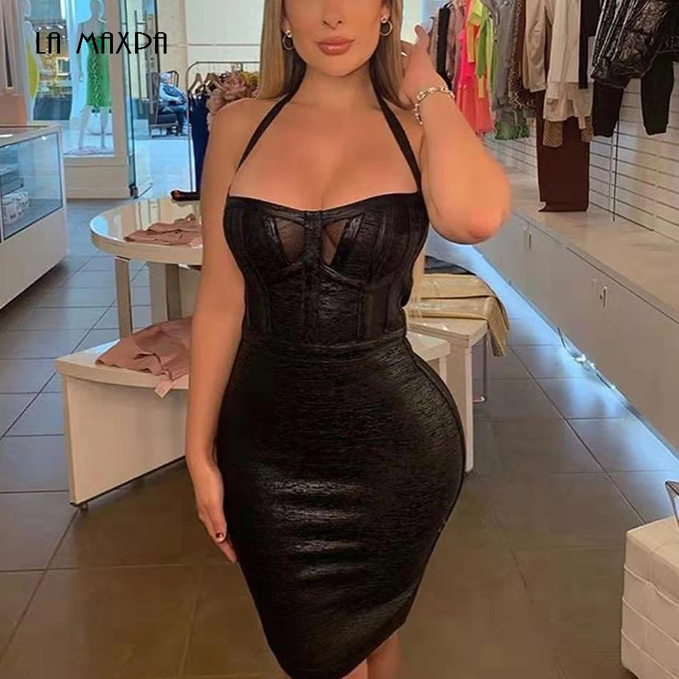 

2019 new summer women's sexy spaghetti black halter Bodycon bandage dress knee length fashion party dress