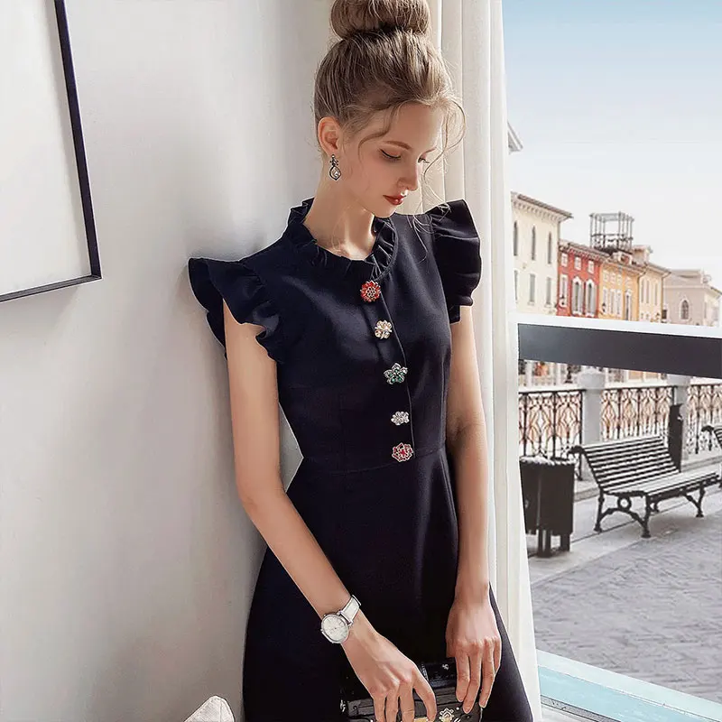 Dabuwawa Exclusive Vintage Black Summer Dress Women Sleeveless Single Breasted A-Line Ruffle Neck Elegant Dress Ladies DO1BDR003