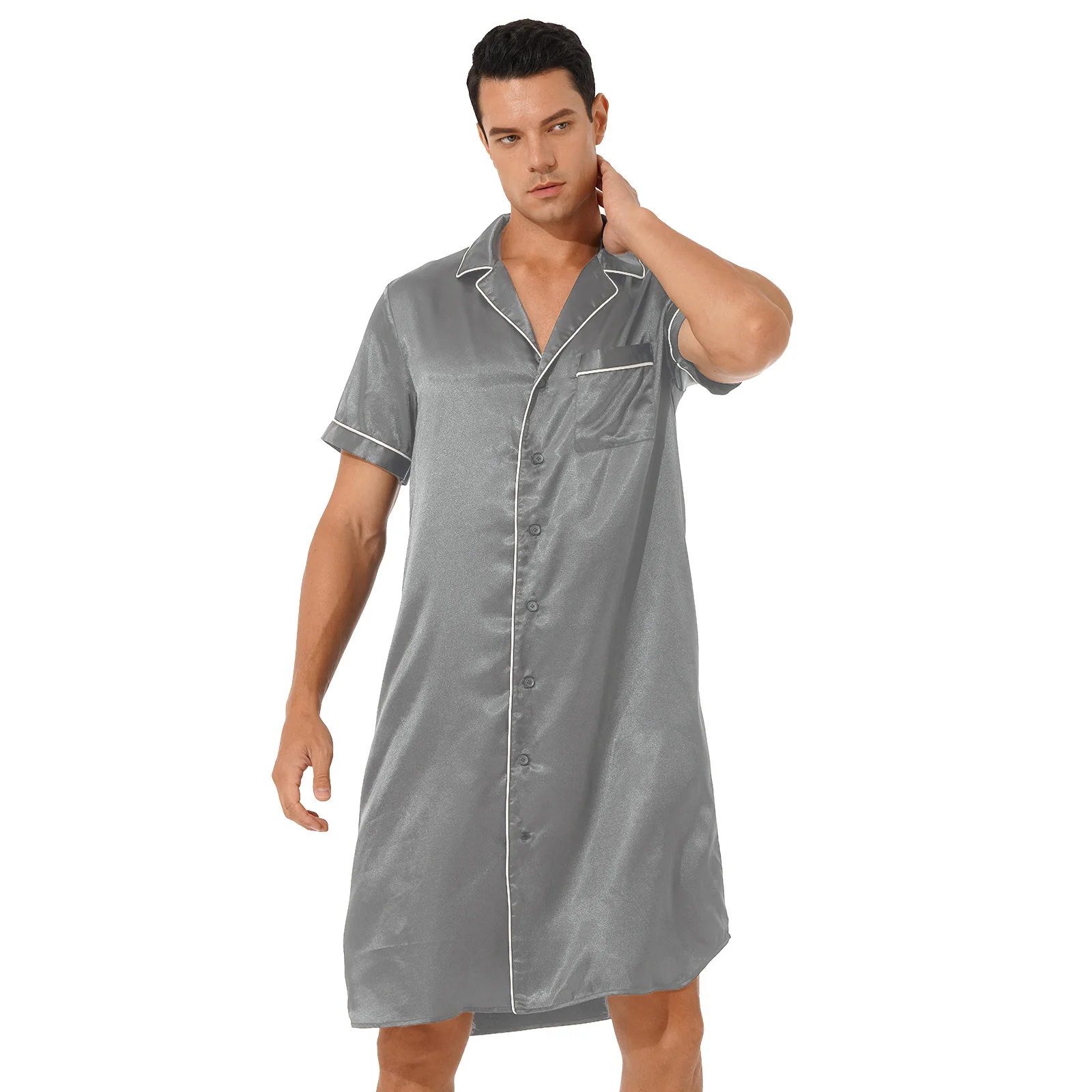 Male Satin Nightshirt Pyjama Sleep Tops Men Short Sleeve Button Down Loose Sleepwear Loungewear Soft Comfortable HomeWear satin pajamas Men's Sleep & Lounge