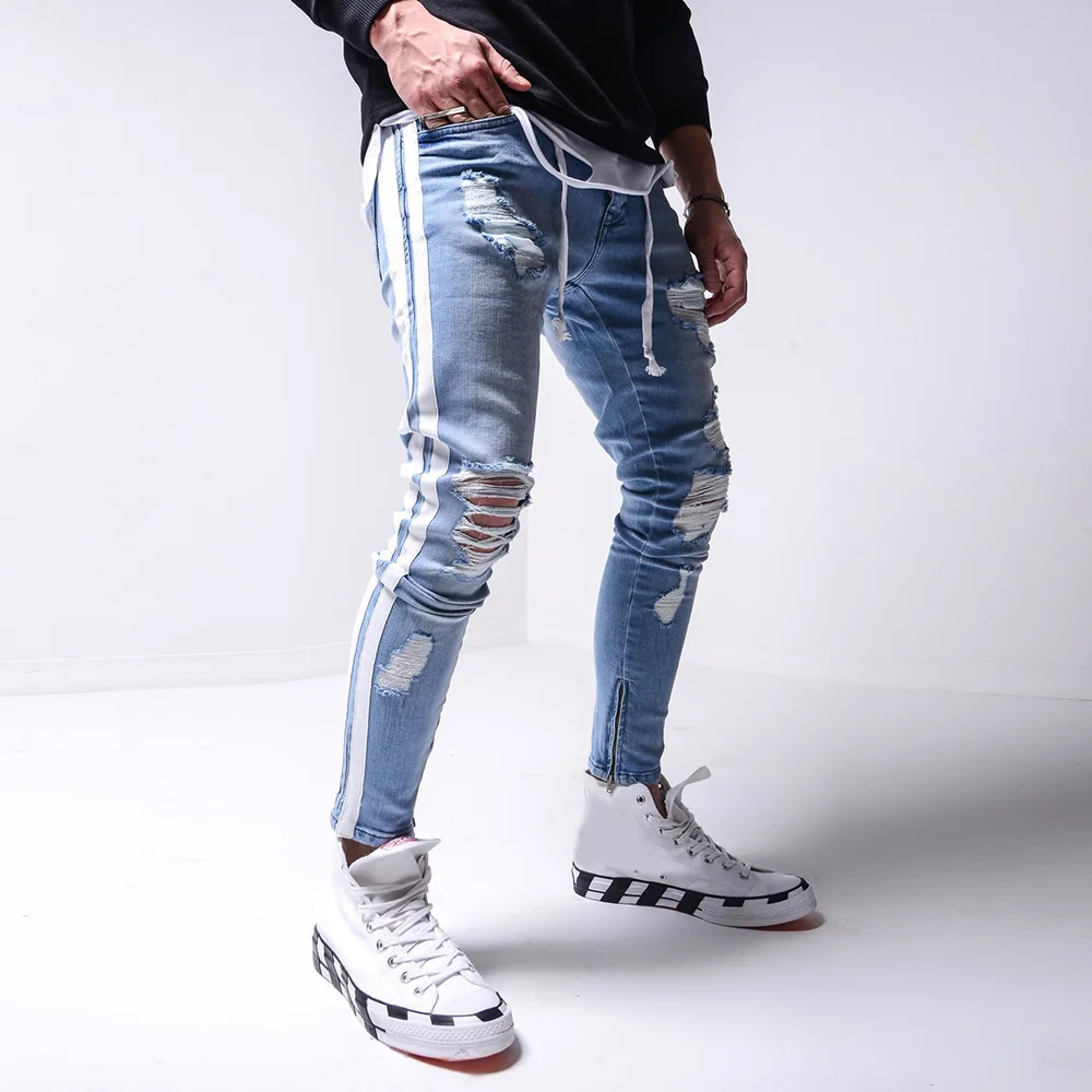 

Fashion Casual Man Jeans Pencil Pants Denim Trousers Ripped Male Cargo Leggings Slacks Jeans For Man Striped Male Trousers D30