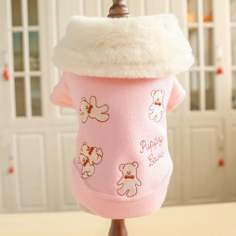 Autumn And Winter New Style Pet Clothes Full Version Embroidered Bear Woolen Cloth Turn-down Collar Coat