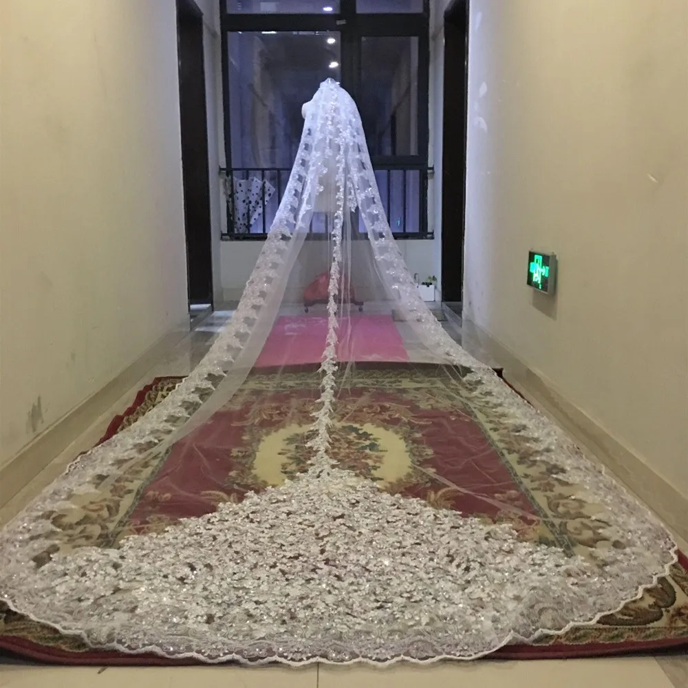 Luxury shiny sequins bridal veil church bridal veil lace edge 1-layer metal comb 5 meters long wedding accessories bridal veil catholic church veil