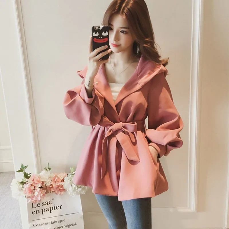

Women Hooded Windcoat O-neck Jacket Autumn Warm Outwear Fashion Sweet Bow Tie Loose Coat
