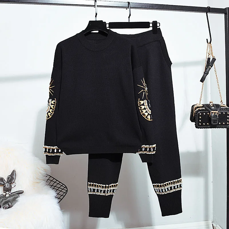 

Knitted 2 Piece Set Female Autumn Loose Beading Long sleeve Knitted Sweater + Casual Long Pants Women Knitting Tracksuit Outfits