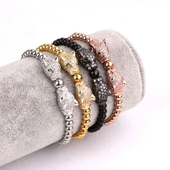 High Quality CZ Micro Pave Leopard Charm Stainless Steel Beads Adjustable Bracelet Men Women