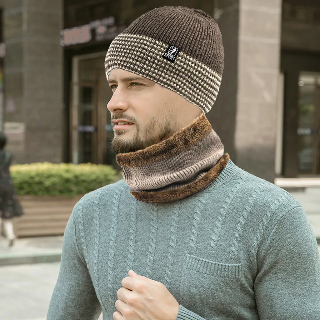 Мужская теплая шапка Skullies+ мягкий шарф, комплект из двух предметов, зимняя утолщенная шапка, мужские ветрозащитные вязаные шапки, теплые шапки для шеи 12,6