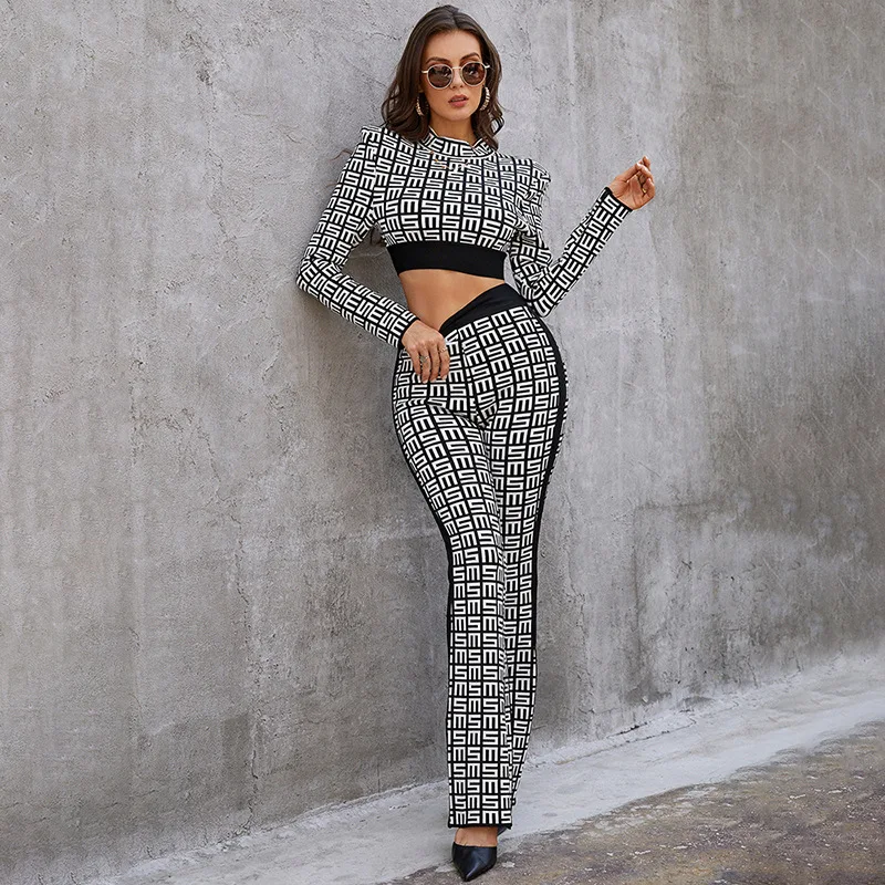 Rocwickline New Autumn & Winter Women's Jumpsuits Sexy & Club Print Turtleneck Puff Sleeve Slim Bandage Elegant Formal Jumpsuits