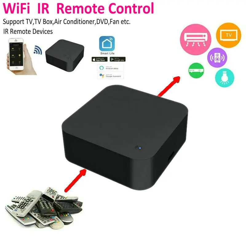 Control remoto inteligente WiFi en casa infrarrojo IR para TV, aire acondicionado, ventilador, luces de DVD, etc. para Asistente de Google, Alexa, control por voz