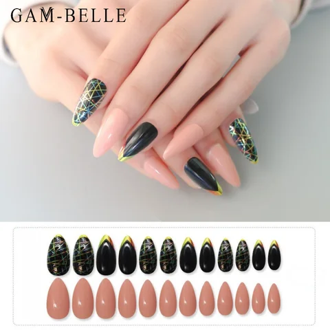 Shining Colorful Stripe Pattern False Nails Full Cover Long Almond Detachable Press On Nails Decoration Nail Tips