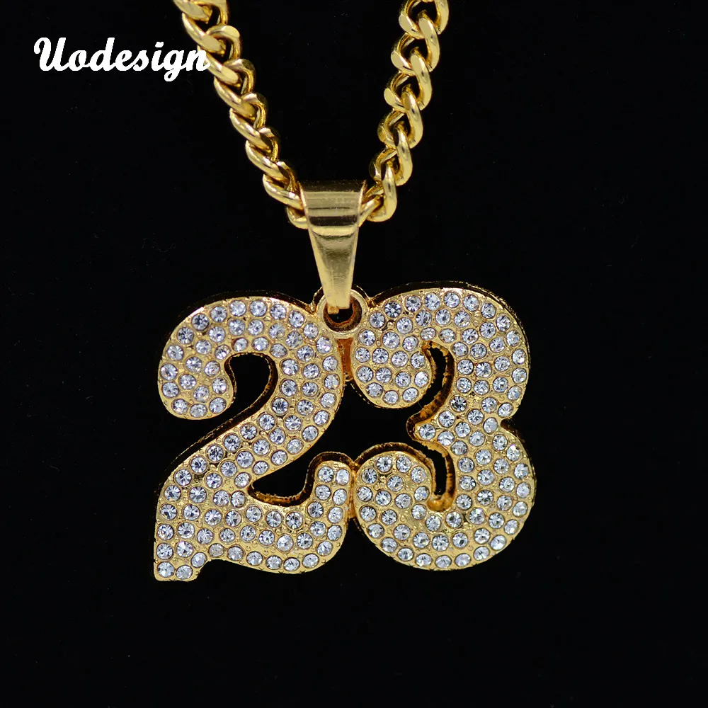 

Uodesign Big Size 23 Jersey Pendant Necklace Gold Color Round Cut Rhinestone Simulated Diamonds Sporting Jewelry