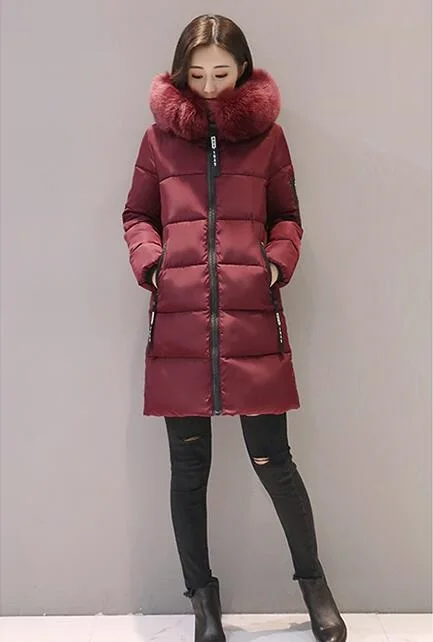 Red wine Теплое большое меховое Стеганое пальто с капюшоном, зимняя женская куртка, модная однотонная пуховая хлопковая парка на молнии размера плюс, тонкая верхняя одежда BY45 - Цвет: Red wine