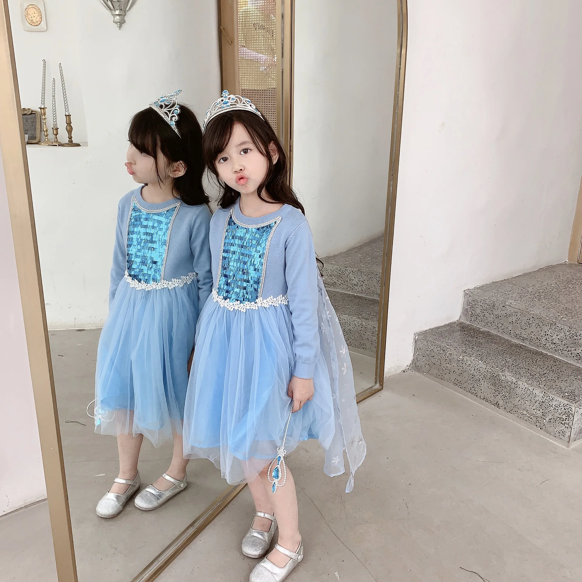 Autumn Winter Girls Long Sleeve Knitting Dress Baby Princess Dress Sweet lovely girl Lace Christmas Dress