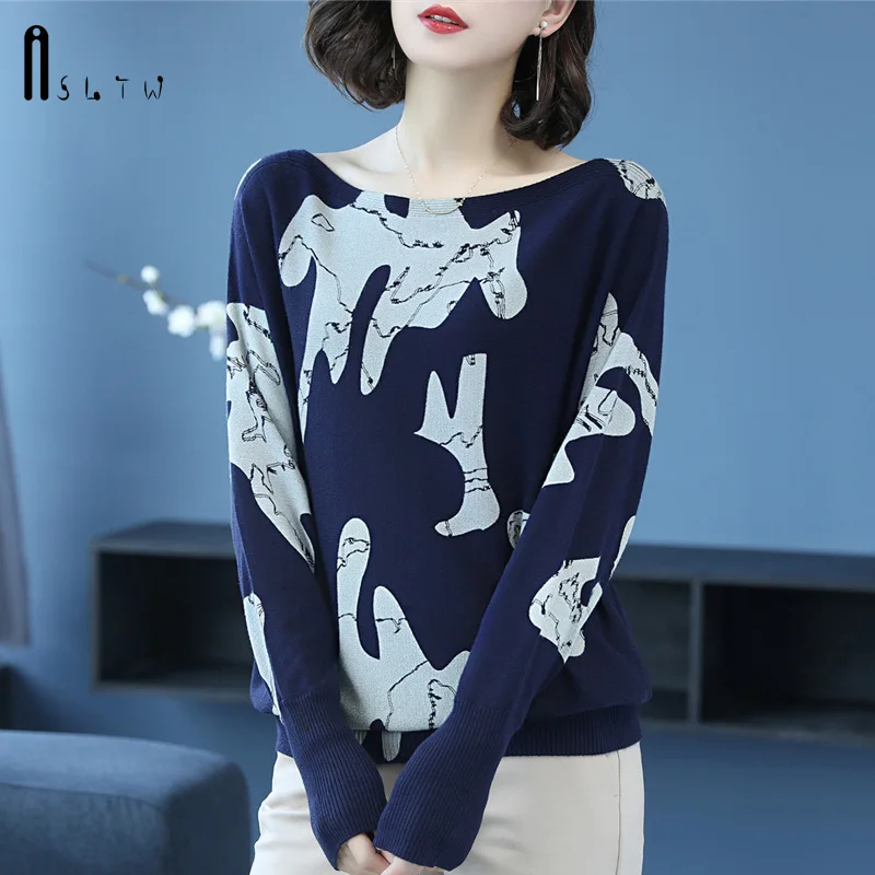 

ASLTW 2 Colors Print Geometric Women Sweater Autumn Long Sleeve Pullovers Jumper Plus Size High Quality O Neck Sweater Women