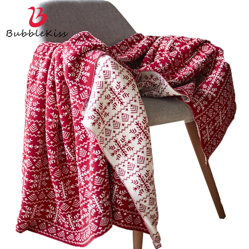 

Bubble Kiss Red Snowflake Pattern Throw Blanket Home Solid Color Sofa Cover Blanket Pure Cotton Office Siesta Blanket Easy Clean