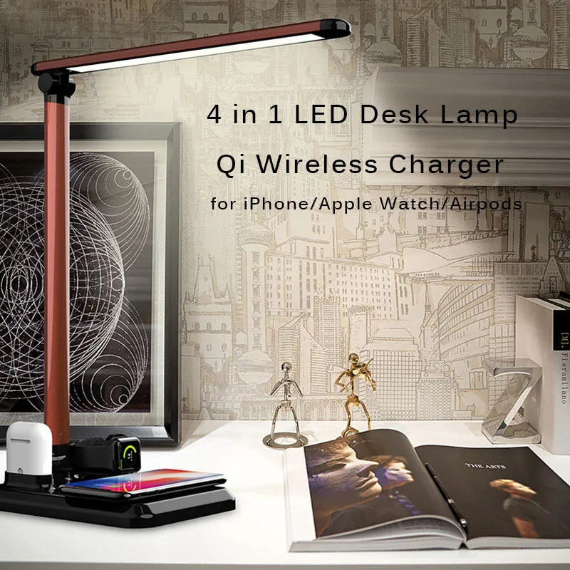 

4 in 1 LED Desk Lamp Qi Wireless Charger For iPhone XS XR X 8 8Plus Apple Watch 4 3 Airpods Touch on/off Switch Table Light