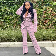 Costume Blazer imprimé à carreaux pour femme, ensemble deux pièces, veste croisée à manches longues, pantalon à jambes larges, tenue de bureau 