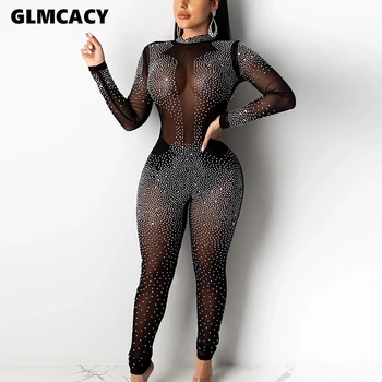 

Women Sexy Mesh Rhinestone Glitter Sheer Jumpsuit Long Sleeve See-through Sparkly Romper Zipper Back Party Club Long Overalls