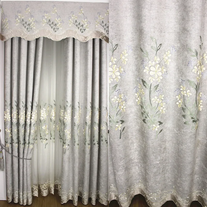 

New Style Modern Garden Gray Chenille Relief Embroidery Curtain Living Room Bedroom Library Window Screen Finished Product Custo