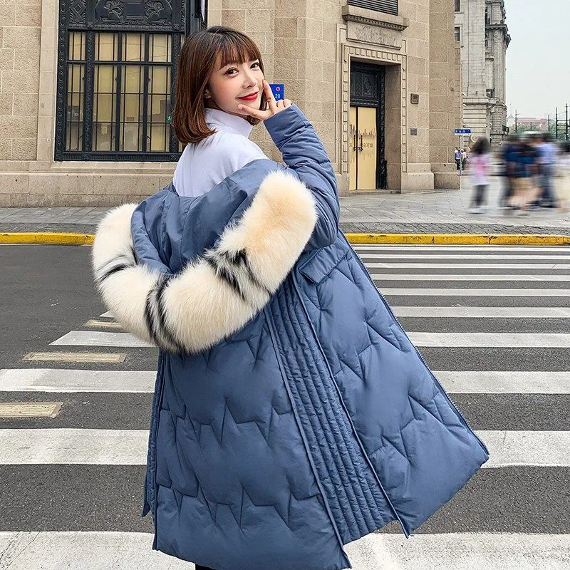 Зимнее длинное женское пуховое пальто, плотное пальто на молнии с капюшоном размера плюс, верхняя одежда, теплая куртка-парка на белом утином пуху - Цвет: Синий