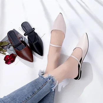 

2019 New Women Spring Summer PU Flat Sandals Pointed Toe Flat Heel Shallow Outdoor Slip-On Slippers Size 35-41