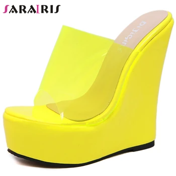 

SARAIRIS New INS Hot Female Party Transparent PVC Slippers Super High Wedges Slippers Women Bright Colors Platform Shoes Woman