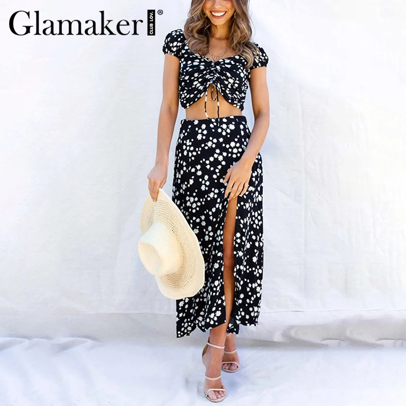 Glamaker, сексуальный комплект из 2 предметов, цветочное облегающее макси платье, короткий топ, праздничное пляжное длинное платье с высоким разрезом, элегантное весеннее платье