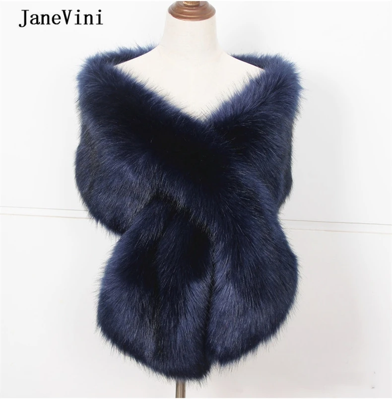 JaneVini 2020 Fashion Navy Winter Faux Fur Bolero Bridal Shawls and Wraps Warm Cape Cloak Wedding Coat Jacket for Evening Party