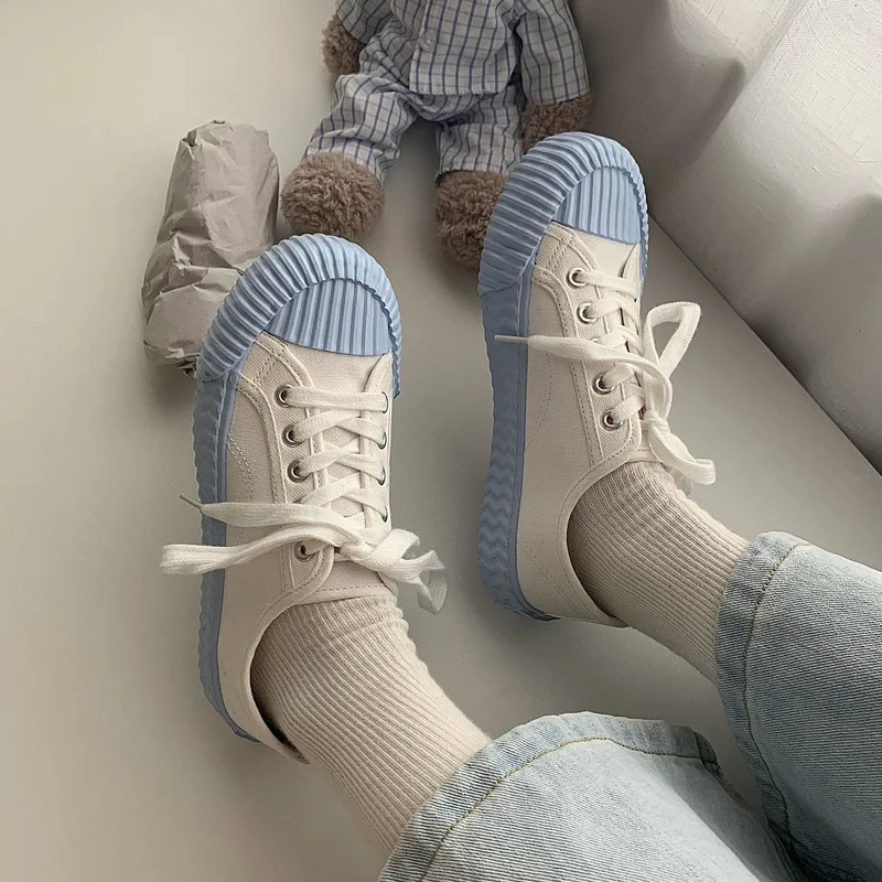 Spring/Autumn 2021 Fashion Sneakers Women Retro Flats Shoes Woman Canvas Lace-Up Solid Shallow Platform Sneakers Shoes for Women