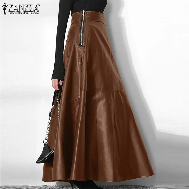 Women Elegant OL Solid Skirts ZANZEA Office Lady Zipper Long Skirt Elegant Party A Line Bottom Fashion PU Leather Skirt Oversize discount 2023 new design hot sell popular element fashion belt for party and daily use for lady in low price and free shipping