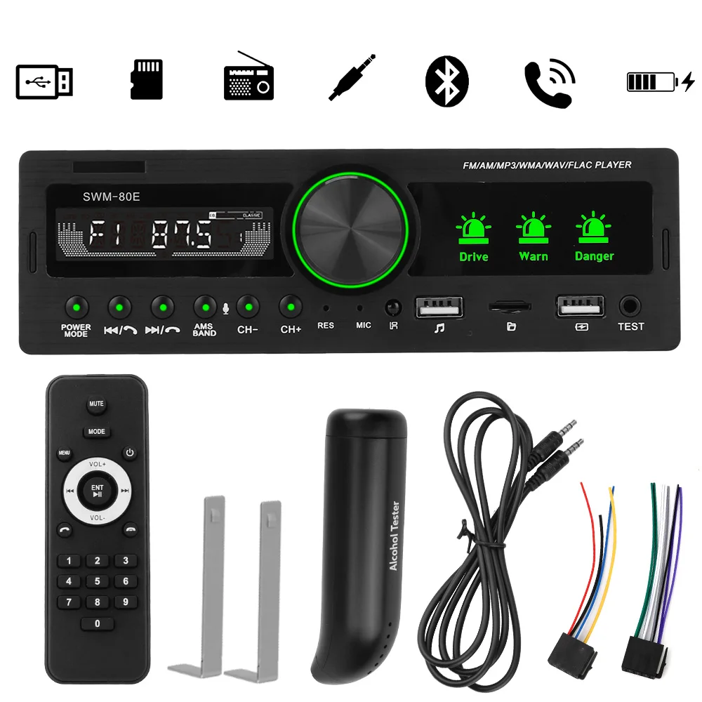 Autoradio Usb/Sd/Aux Input Car Stereo Lettore Mp3 12V Ricambi Auto Con Microfono Funzione Di Test Dell'Alcol Multimediale Bluetooth