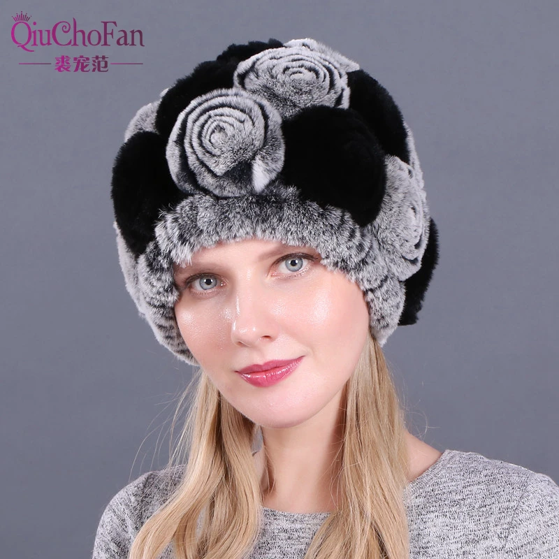 Новинка, женская шапка Skullies, настоящий мех кролика, зимняя шапка с цветочным рисунком, шапка из кроличьего меха Рекс, шапка для девочек с цветами и кроличьим мехом s