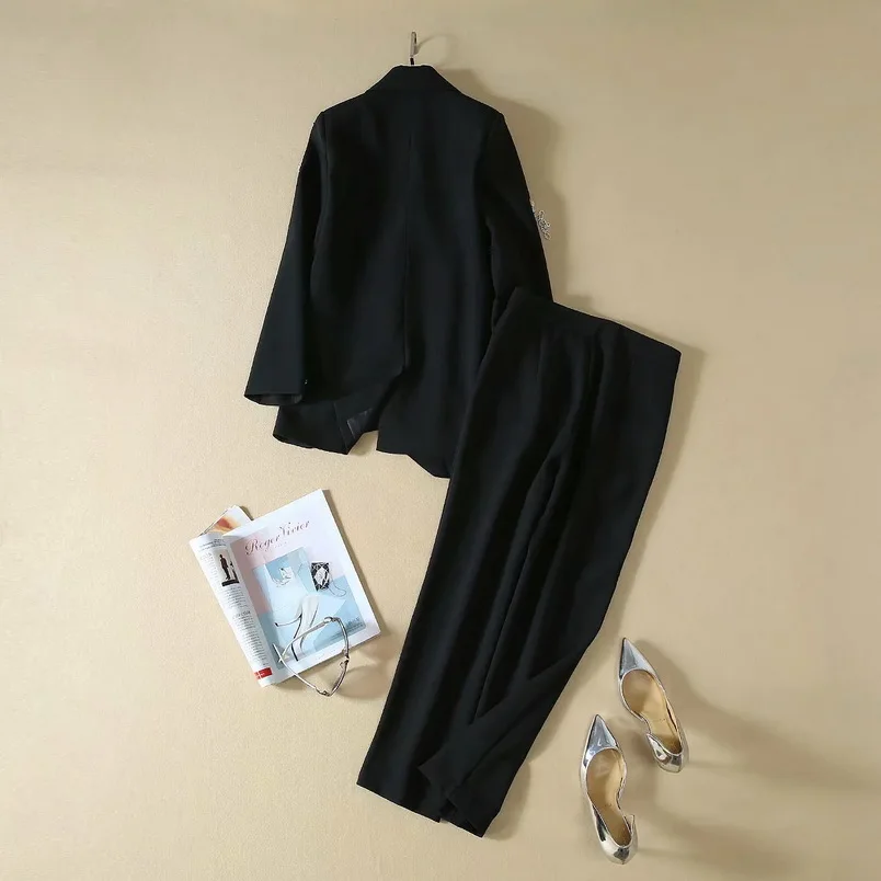 High Quality Women's Set Clothing Autumn Blazer Suit Ladies Tassel Beading Blazer Jacket+Ankle Length Pants Sets Red Black