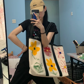 

Ins 2020 New Simple Shopping Bag Printed Tote Bag Shoulder Bag Handbag Large Capacity Hand-painted flower Women Bag Ropa Mujer