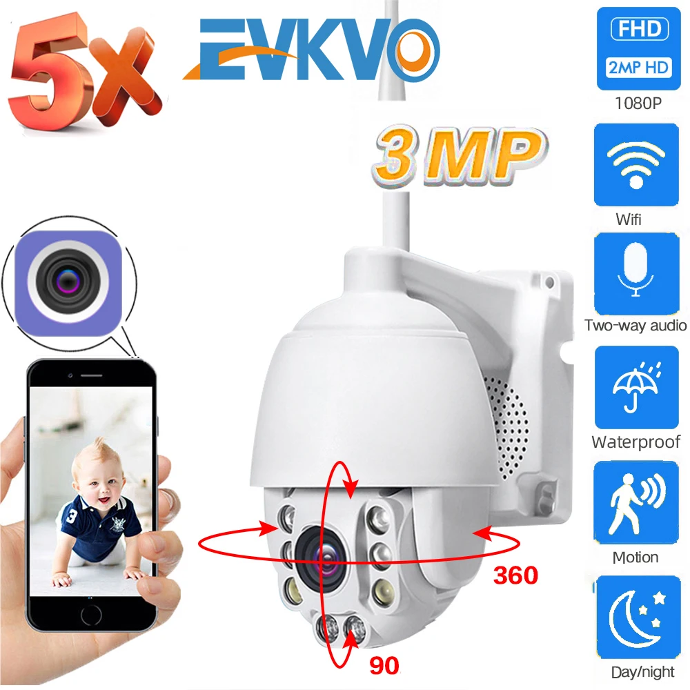 

EVKVO Wifi PTZ IP Camera 3MP Super HD 5X Optical Zoom Two Way Audio Wireless PTZ Cam Outdoor IR Video Home Security Camera P2P