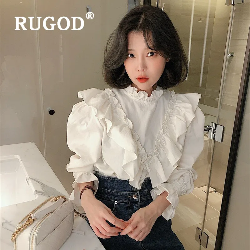RUGOD, Весенняя блузка с оборками, женские блузки, длинный рукав, элегантный топ, корейская мода, женская одежда, рубашки, рукав-колокол, белая рубашка