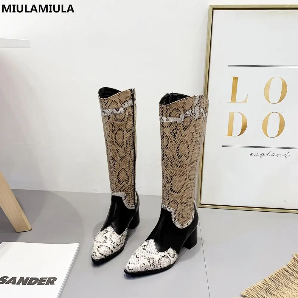 MIULAMIULA/ брендовые дизайнерские модные роскошные пикантные женские сапоги до колена на высоком каблуке 5,5 см, со змеиным узором, в полоску; кожаные туфли на молнии; Размеры 35-40