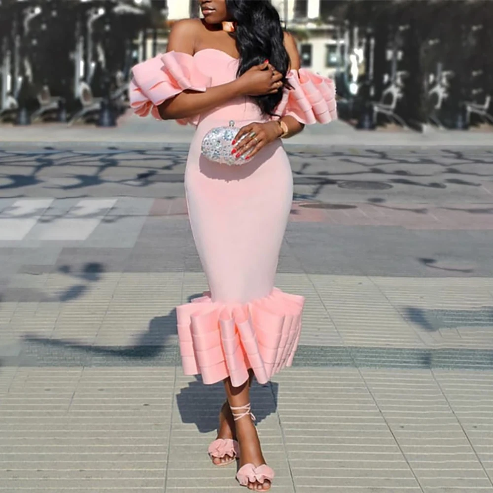 Женское облегающее платье с открытыми плечами, с оборками, розовое, красное, со складками, сексуальное платье для вечеринки, открытая спина, вечерняя посылка, облегающая туника - Цвет: Розовый
