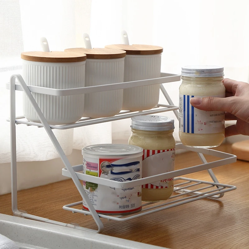 

Spice Rack Two Layers Iron Storage Shelf Rack Home Kitchen Seasoning Holder Organizer